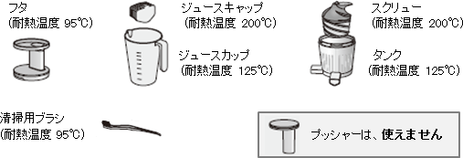 �t�^�i�ϔM���x95���j�A�W���[�X�L���b�v�i�ϔM���x200���j�A�X�N�����[�i�ϔM���x200���j�A�^���N�i�ϔM���x125���j�A���|�p�u���V�i�ϔM���x95���j�A�v�b�V���[�͎g���܂���B