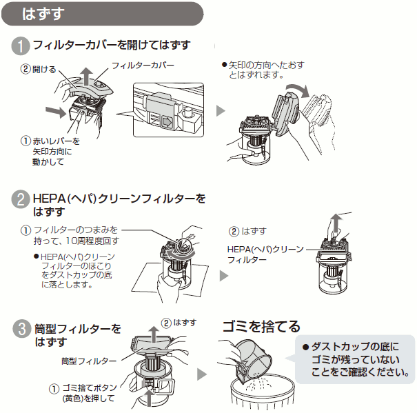 �u�͂����v�P�A�t�B���^�[�J�o�[���J���Ă͂����B�Q�AHEPA�i�փp�j�N���[���t�B���^�[���͂����B�R�A���^�t�B���^�[���͂����B