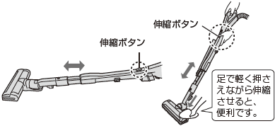 パイプの長さを調節時に使用する「伸縮ボタン」の位置。
