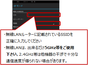 �E����LAN���[�^�[�ɋL�ڂ���Ă���SSID�𐳊m�ɓ��͂��Ă��������B�E����LAN�́A�o���邾��5GHz�т����g�p�������B2.4GHz�т͑��@��̊��ŏ\���ȒʐM���x�������Ȃ��ꍇ������܂��B
