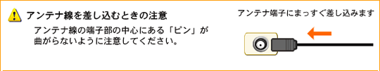 【アンテナ線を差し込むときの注意】アンテナ線の端子部の中心にある「ピン」が曲がらないように注意してください。